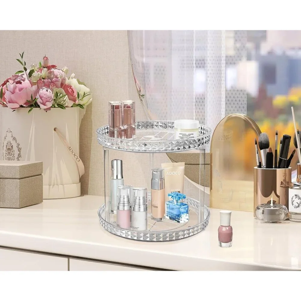 Women 2 Tier Diamond Lazy Susan Bathroom Organizer Countertop Rotating Cosmetic